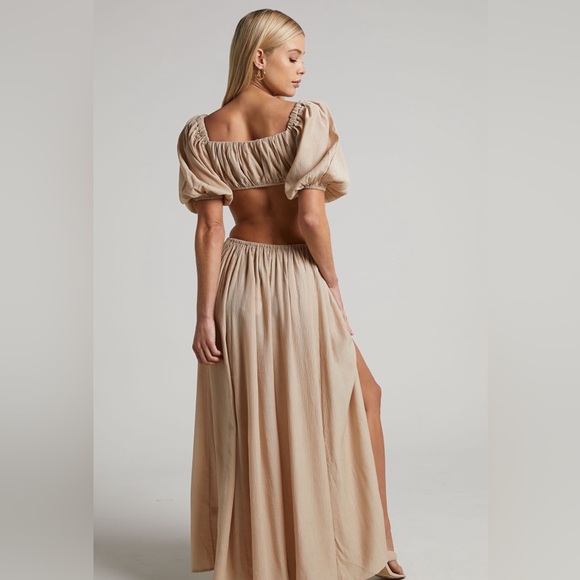 Showpo Dhalia maxi skirt and matching crop top set tan US 4 small - Picture 4 of 6